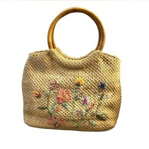 Vintage Cottagecore Woven Embroidered Floral Bag with Beading and Wood Handles